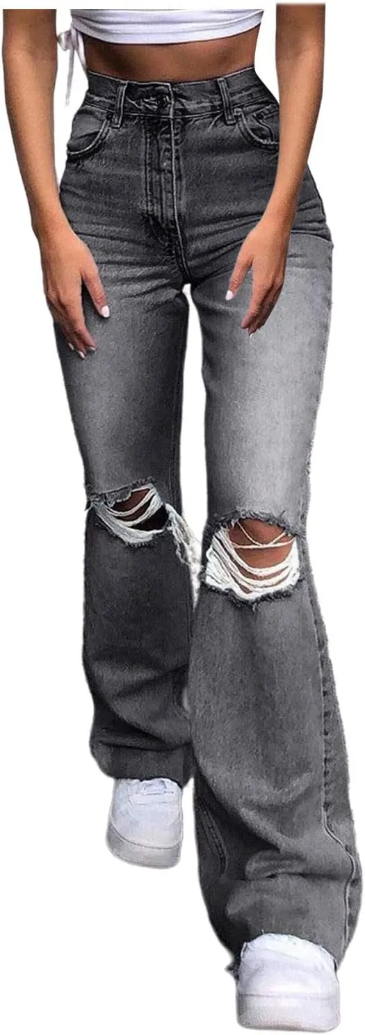 Women Ripped Boyfriends Jeans High Waist Casual Straight Leg Cargo Jeans Flared Jeans Trousers