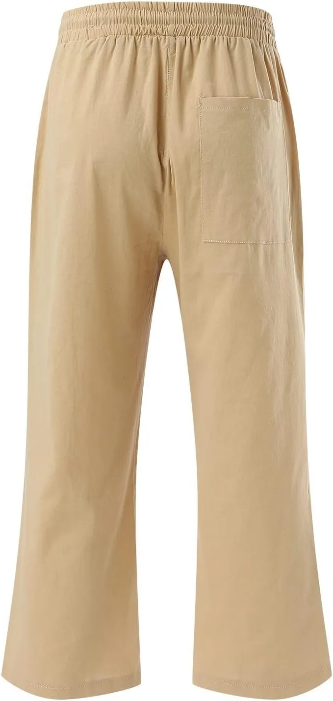 Womens Capri Yoga Pants Wide Leg Fashion Drawstring Elastic Trousers Comfy Straight Leg Long Pants with Pocket Casual