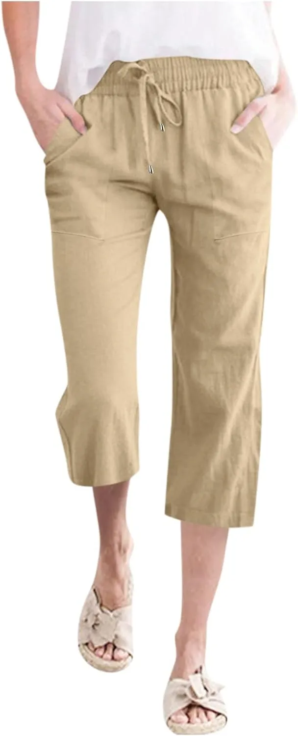 Womens Capri Yoga Pants Wide Leg Fashion Drawstring Elastic Trousers Comfy Straight Leg Long Pants with Pocket Casual