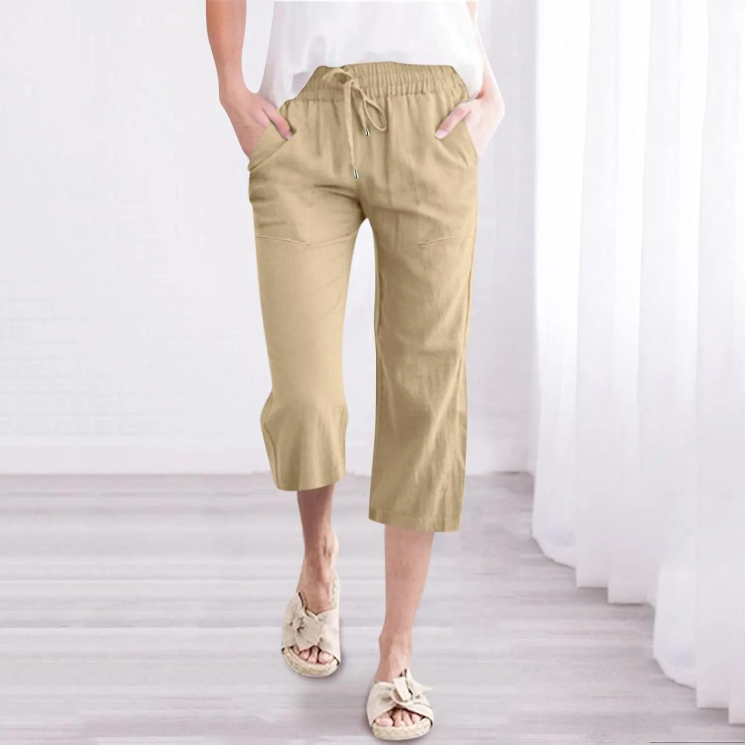 Womens Capri Yoga Pants Wide Leg Fashion Drawstring Elastic Trousers Comfy Straight Leg Long Pants with Pocket Casual