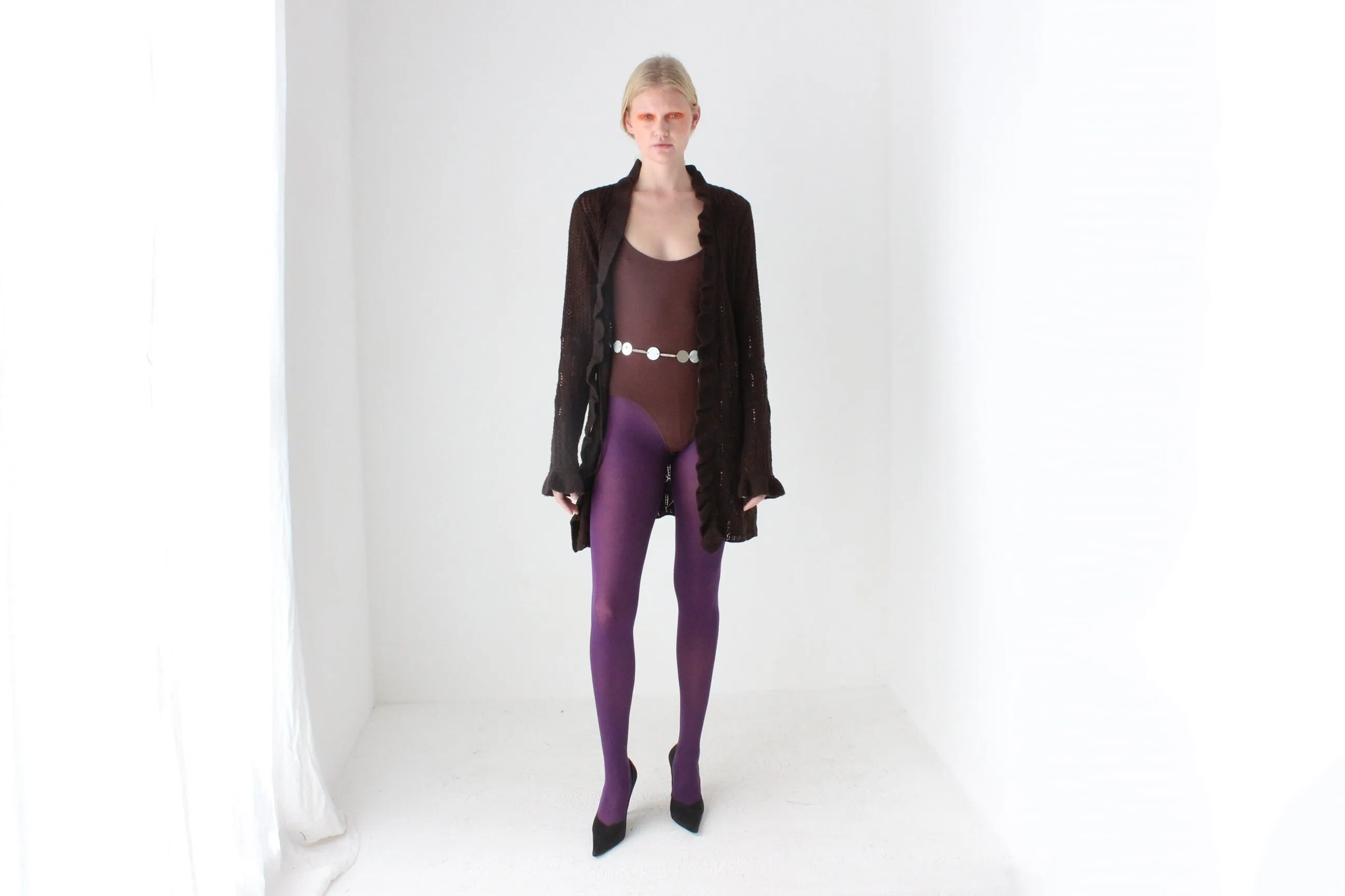 Y2K Pure Wool Ruffle Crochet Knit Fitted Long Cardigan