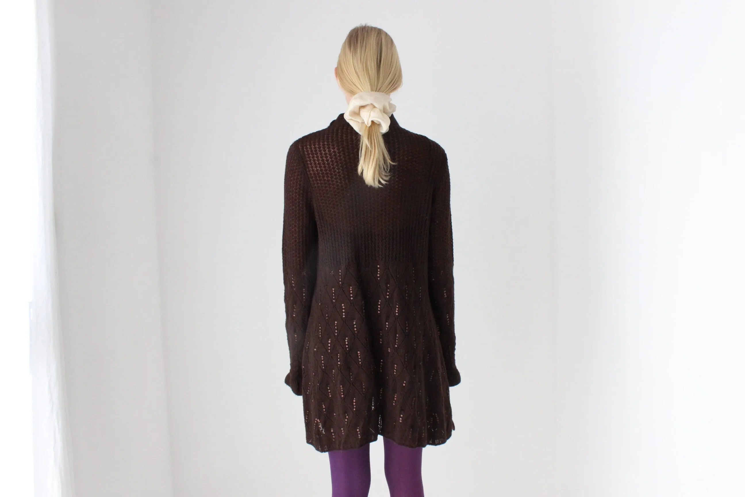 Y2K Pure Wool Ruffle Crochet Knit Fitted Long Cardigan
