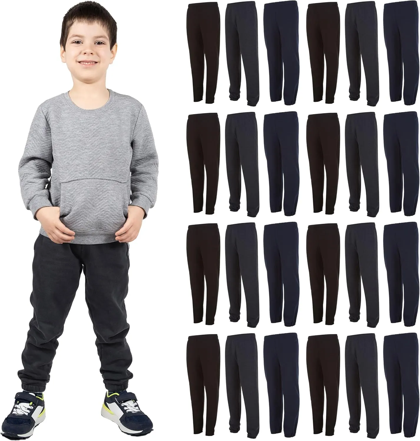 Yacht & Smith 24 Pack of Boys Jogger Bulk Sweatpants, Black Navy Gray, Comfy Lounge Joggers for Kids