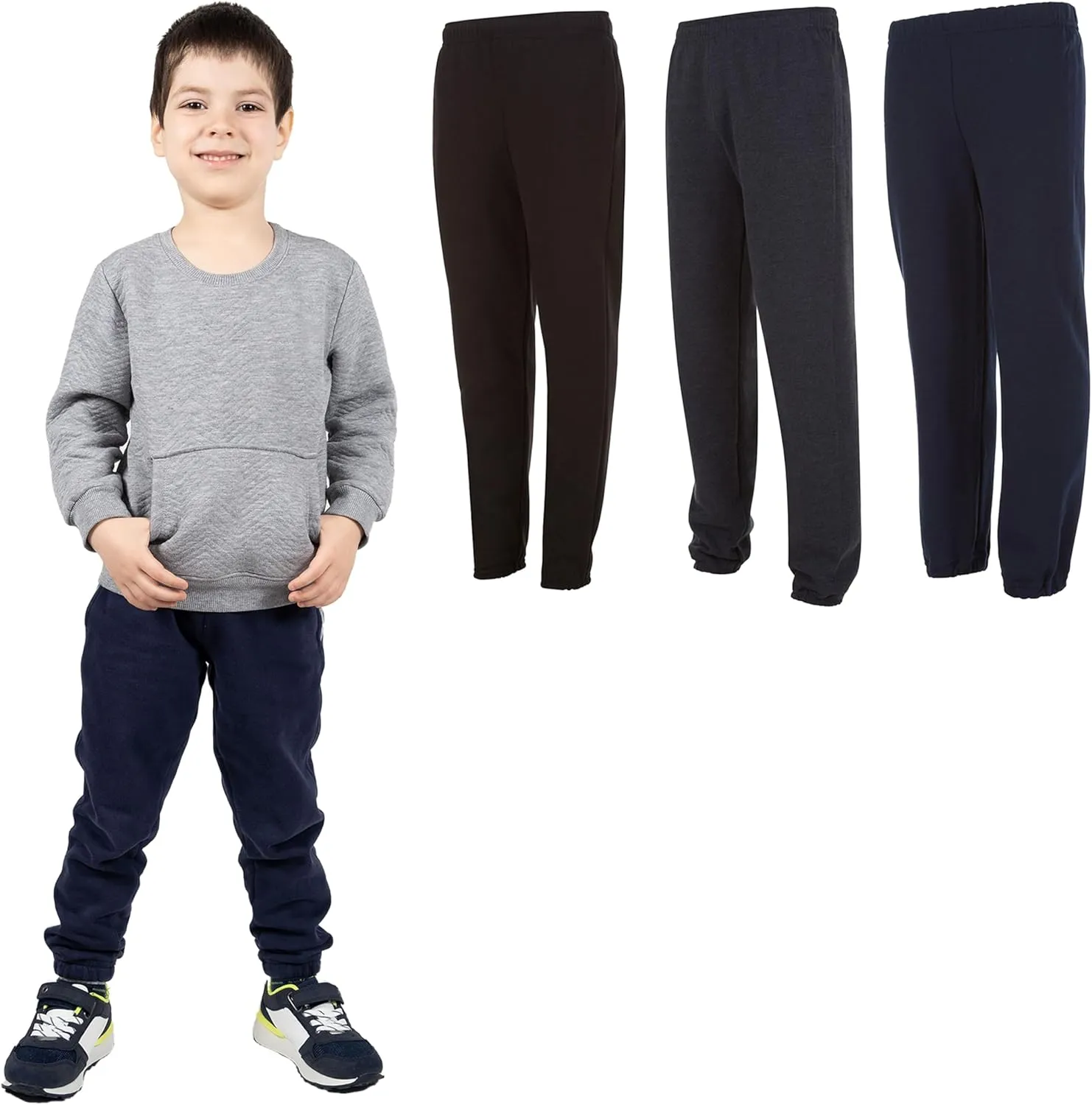 Yacht & Smith 3 Pack of Boys Jogger Bulk Sweatpants, Black Navy Gray, Comfy Lounge Joggers for Kids