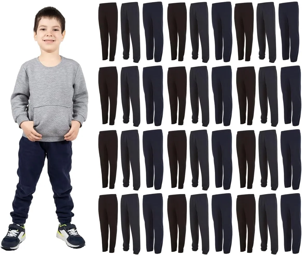 Yacht & Smith 36 Pack of Wholesale Childrens Unisex Jogger Bulk Sweatpants, Black Navy Gray, Comfy Lounge Joggers for Kids