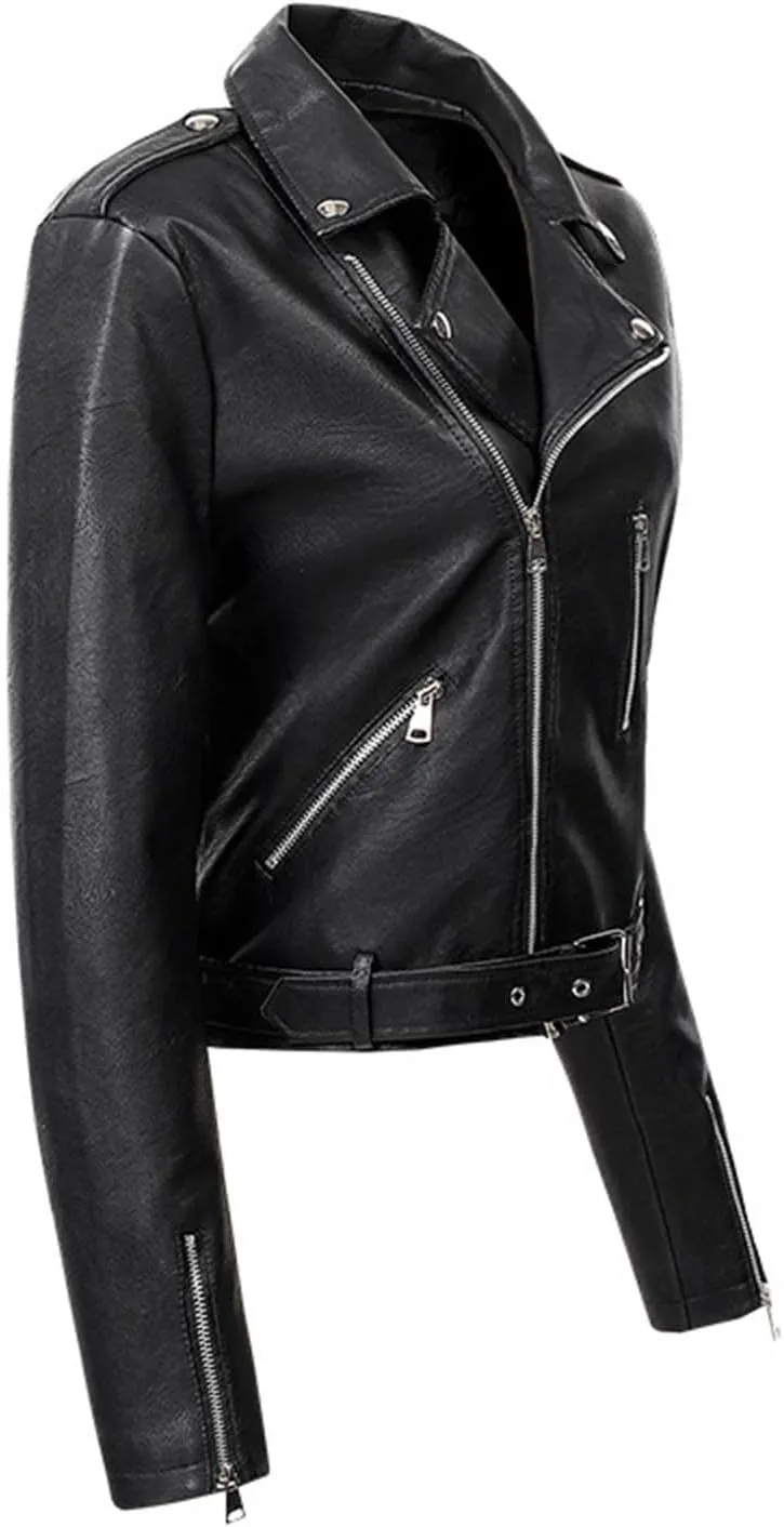 ZYXTIM Women's Classic Vintage Faux Leather Motorcycle Jacket Stylish Notched Collar Oblique Zipper Shacket Jacket