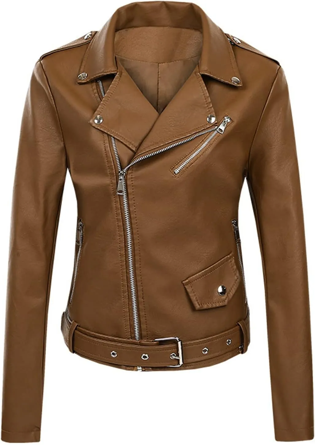 ZYXTIM Women's Classic Vintage Faux Leather Motorcycle Jacket Stylish Notched Collar Oblique Zipper Shacket Jacket