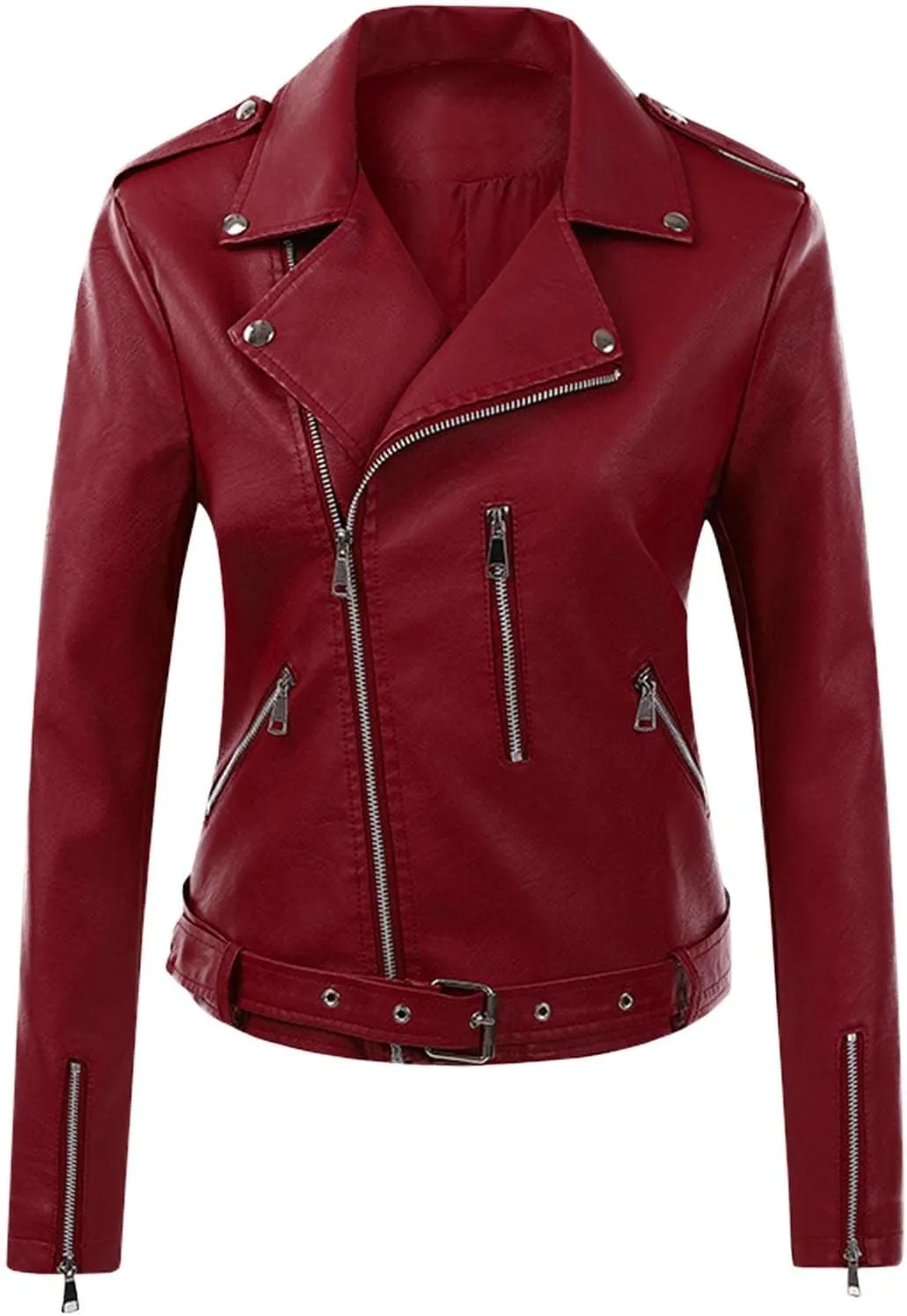 ZYXTIM Women's Classic Vintage Faux Leather Motorcycle Jacket Stylish Notched Collar Oblique Zipper Shacket Jacket