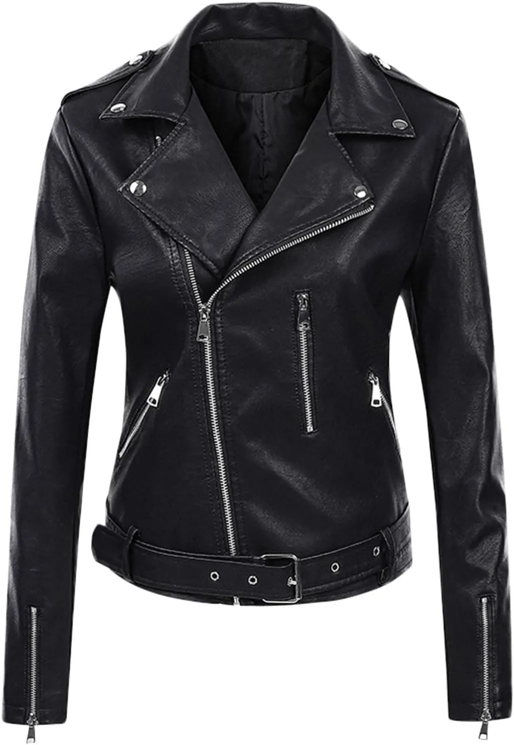 ZYXTIM Women's Classic Vintage Faux Leather Motorcycle Jacket Stylish Notched Collar Oblique Zipper Shacket Jacket