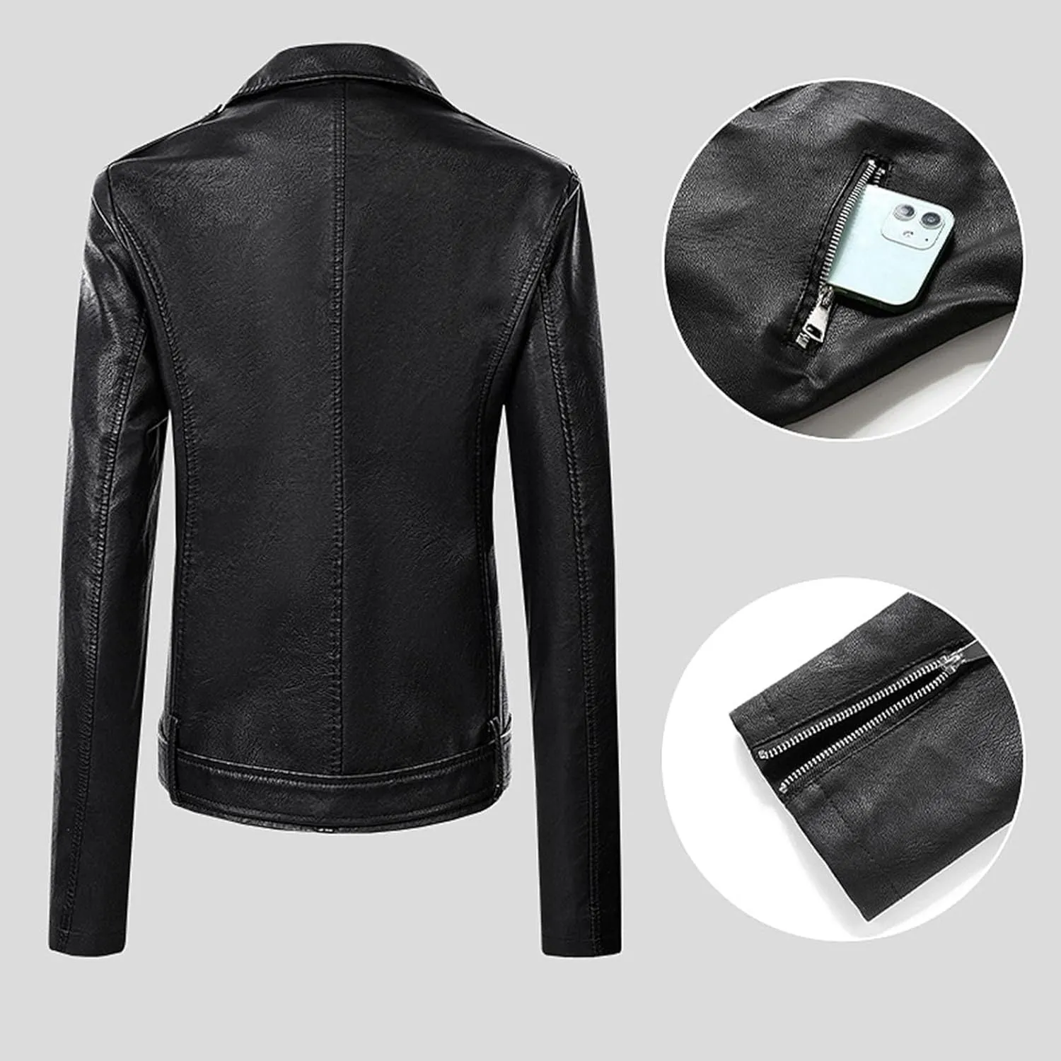 ZYXTIM Women's Classic Vintage Faux Leather Motorcycle Jacket Stylish Notched Collar Oblique Zipper Shacket Jacket