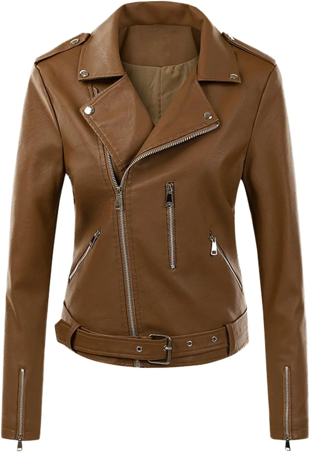 ZYXTIM Women's Classic Vintage Faux Leather Motorcycle Jacket Stylish Notched Collar Oblique Zipper Shacket Jacket